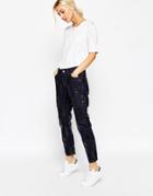 Asos White Zip Tapered Jeans With Arrow Print - Blue