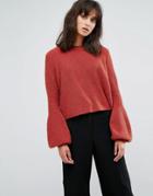 Weekday Crop Knit Sweater With Baloon Sleeve - Red