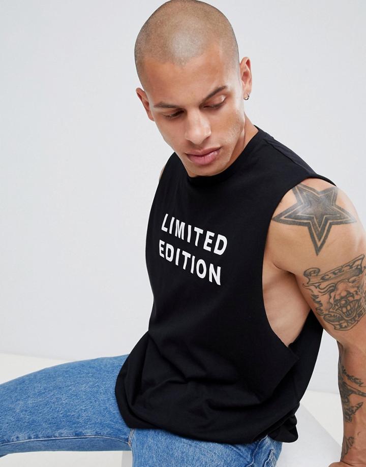 Asos Design Sleeveless T-shirt With Dropped Armhole And Limited Edition Slogan Print - Black