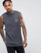 Asos Longline Sleeveless T-shirt With Dropped Armhole With Bleach Wash & Chest Print - Gray