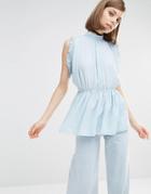 Lost Ink Sleeveless Tunic Top With Ruffle Detail - Blue