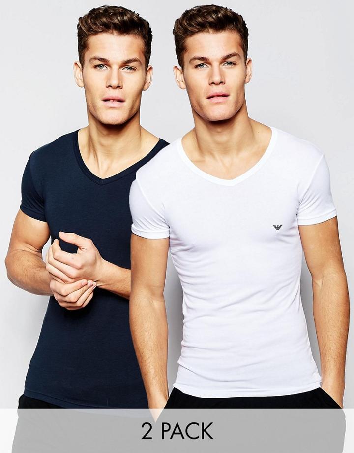 Emporio Armani 2 Pack Stretch Cotton V-neck T-shirt In Extreme Fitted Fit - Multi