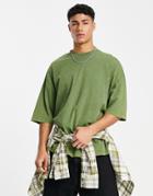 Asos Design Oversized Heavyweight T-shirt In Acid Washed Khaki-green