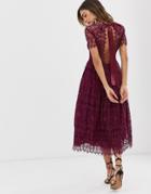 Asos Design Lace Midi Dress With Ribbon Tie And Open Back - Purple