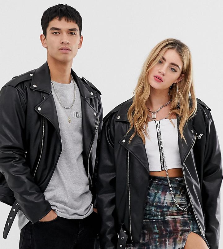 Reclaimed Vintage Inspired Unisex Pu Biker Jacket-black
