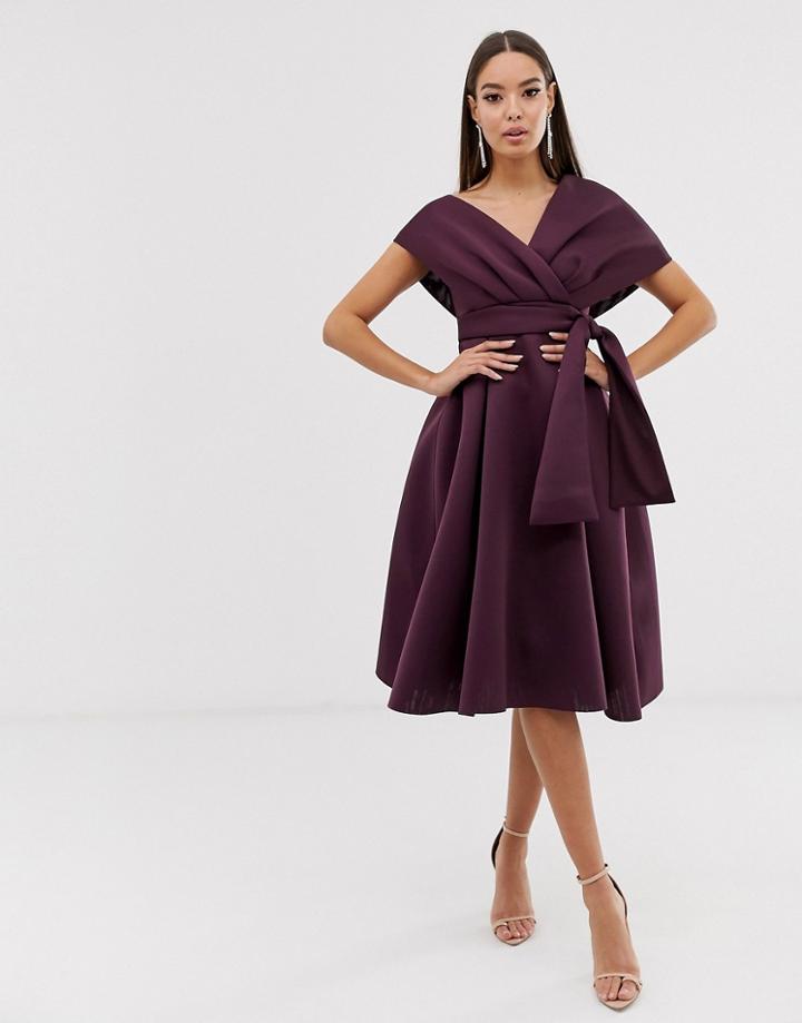 Asos Design Fallen Shoulder Midi Prom Dress With Tie Detail In Aubergine-purple