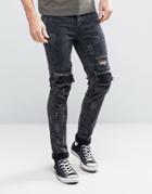 Sixth June Skinny Jeans With Distressing In Acid Wash - Black