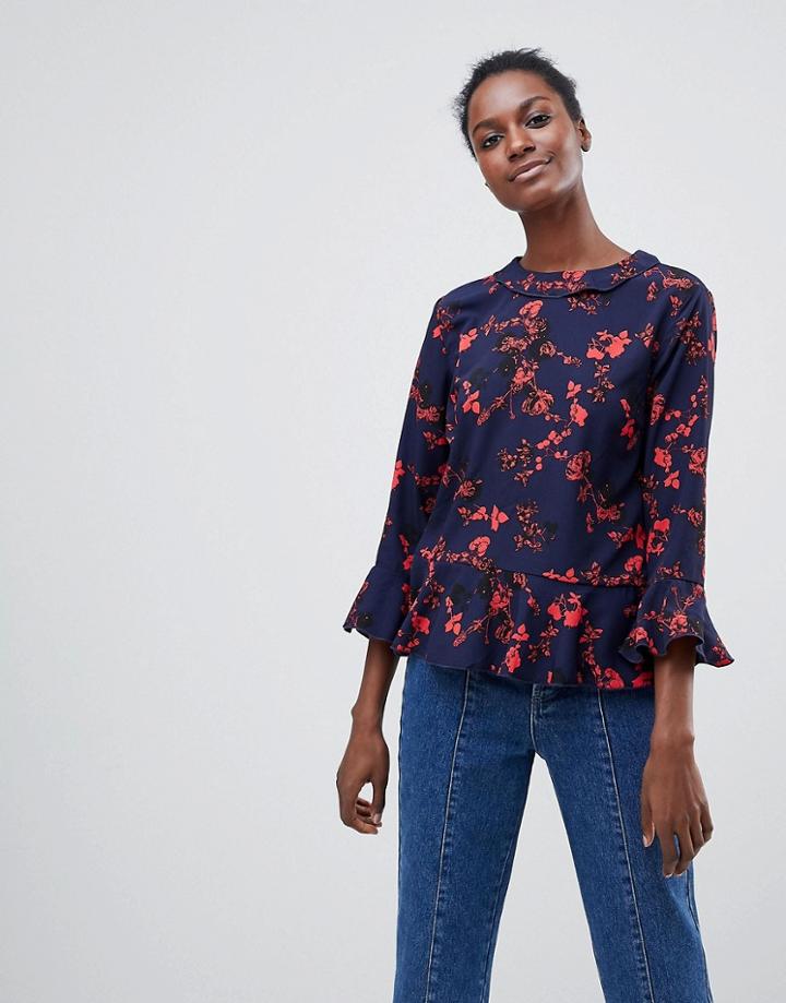 Vila Dark Floral Top With Peplum - Multi