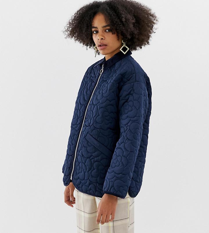 Monki Zip Through Quilted Jacket In Navy
