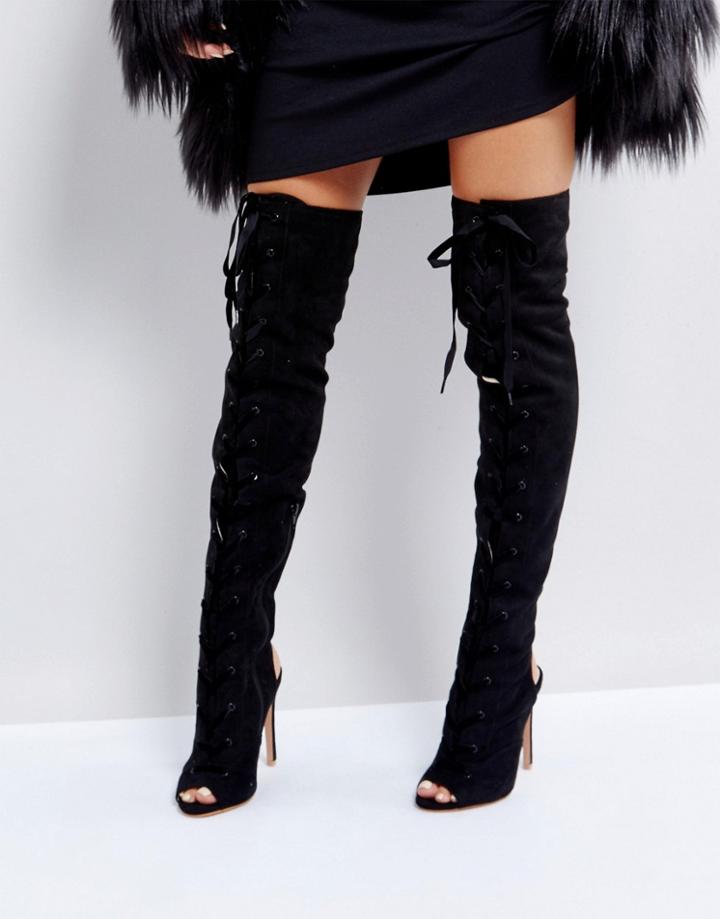 Public Desire Chantae Lace Up Peep Toe Over The Knee Boots - Black