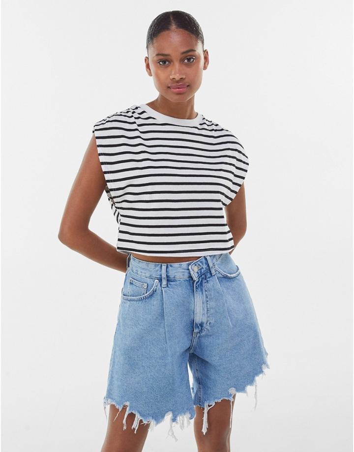 Bershka Pleated Shoulder Detail Tank Top In Mono Stripe-multi
