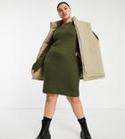 Brave Soul Plus Grunge Boxy Crew Neck Sweater Dress In Khaki-green