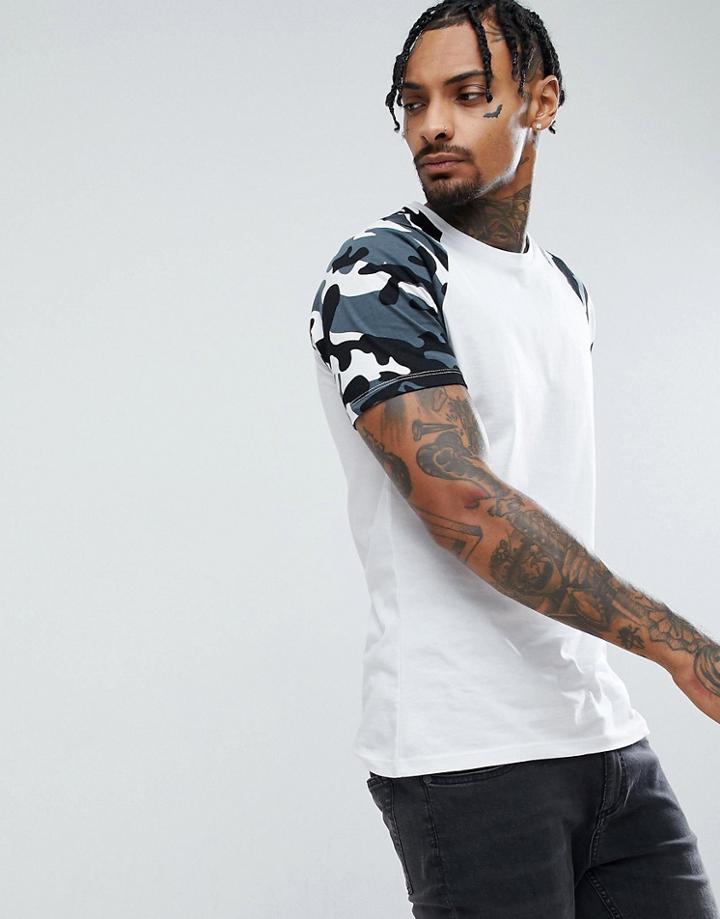 Bershka Raglan T-shirt With Camo Sleeve In White - White