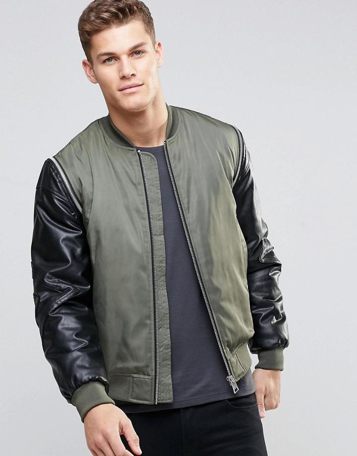 Asos Bomber Jacket With Faux Leather Sleeves In Khaki - Khaki