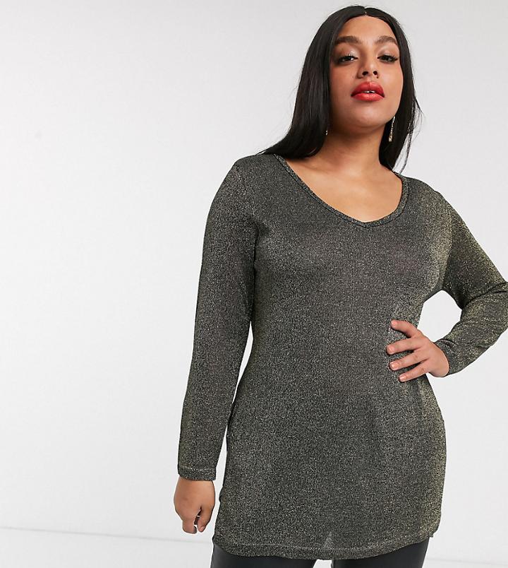 Simply Be V Neck Metallic Sweater In Gold-black