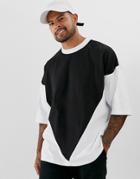 Asos Design Oversized T-shirt In Heavyweight With Half Sleeve And Triangle Color Block-black