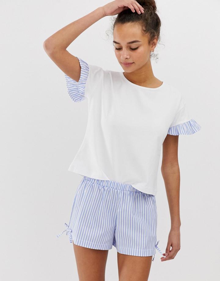 Hey Peachy Stripe Short Pyjama Set With Ruffle Detail In Blue - Blue