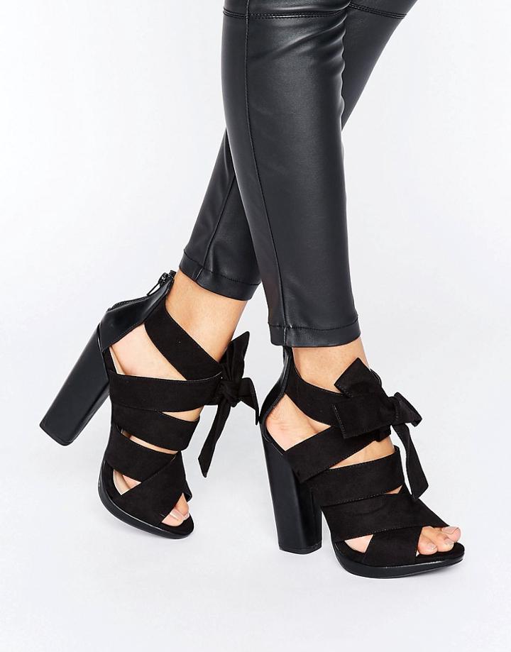 Little Mistress Black Crossover Strap Peep Toe Heel With Oversized Bow