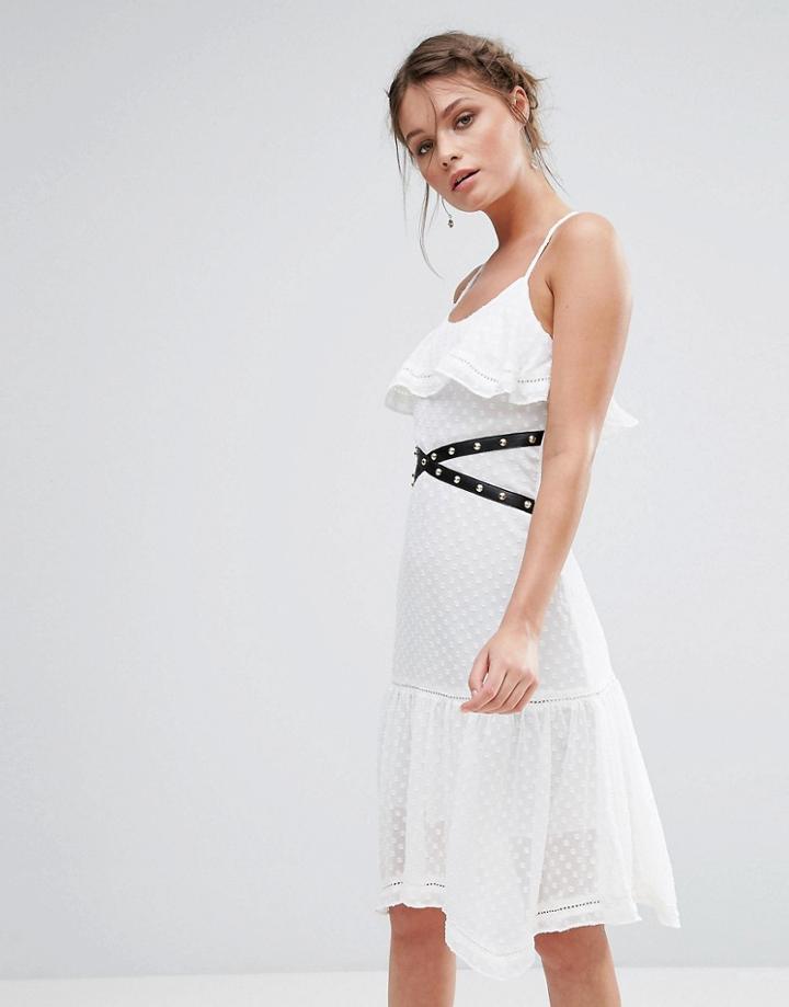 True Decadence Lace Ruffle Layer Midi Dress With Eyelet Detail - White