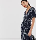 Warehouse Dress With Belt In Tropical Print - Navy