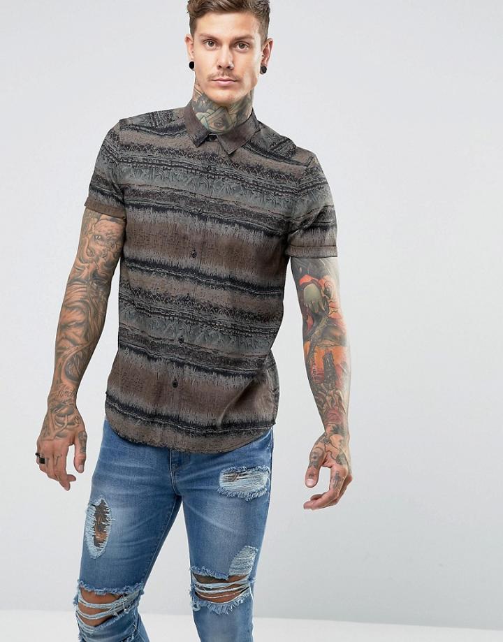 Asos Regular Fit Viscose Vintage Print Shirt - Brown