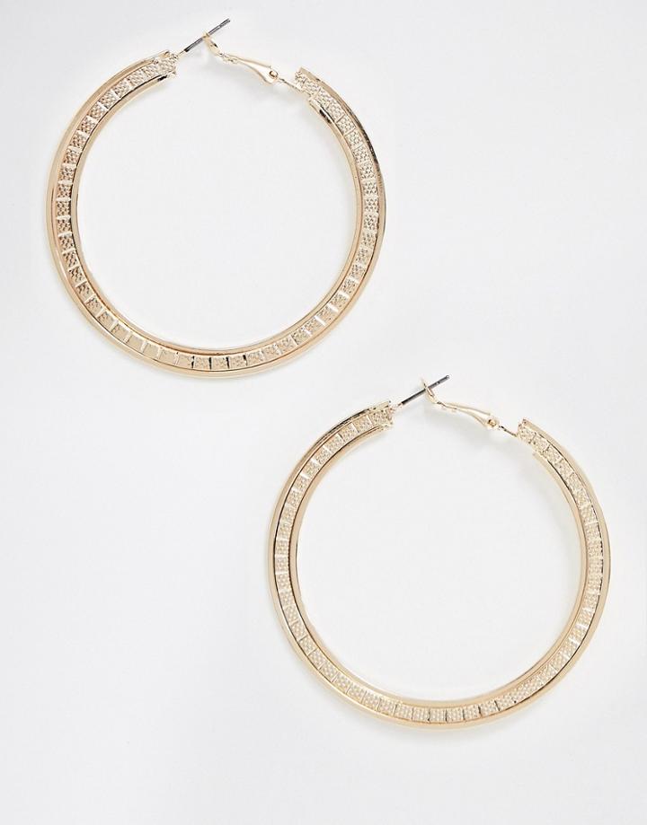 Asos Design Hoop Earrings In Flat Etched Design In Gold Tone