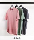 Asos Design 3 Pk Longline T-shirt With Side Slits-multi