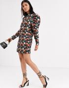 Lost Ink Puff Sleeve Mini Dress In Metallic Jaquard-multi