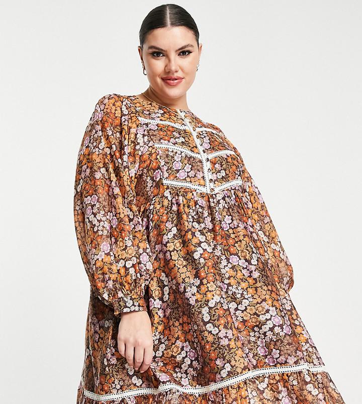 Ever New Curve Oversized Sleeve Smock Mini Dress In Brown Floral