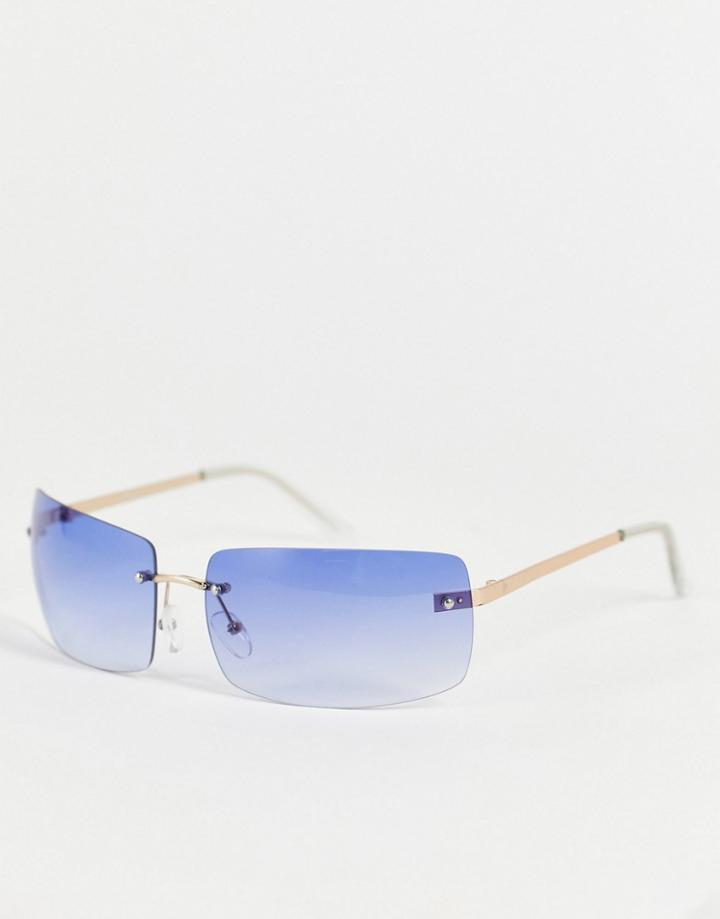 Asos Design Mid 90's Rimless Square Sunglasses In Grad Blue Lens-silver