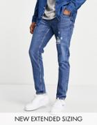 Asos Design Stretch Slim Jeans In Dark Wash Blue With Abrasions-blues
