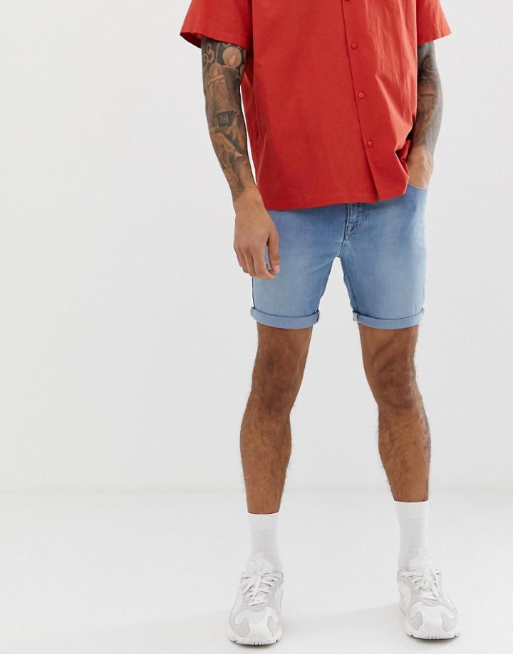 Asos Design Spray On Denim Shorts In Power Stretch Light Wash-blue