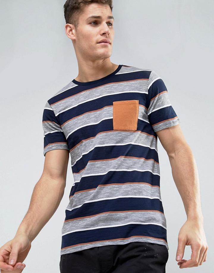 Bershka Striped Pocket T-shirt In Tan - Multi