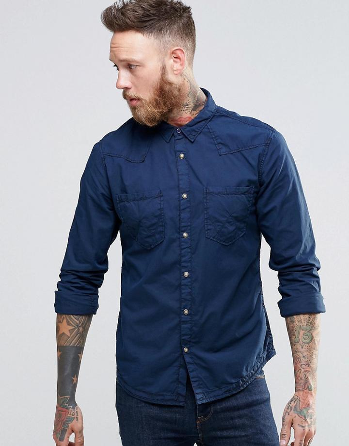 Wrangler Slim Western Shirt In Lightweight Indigo - Mood Indigo