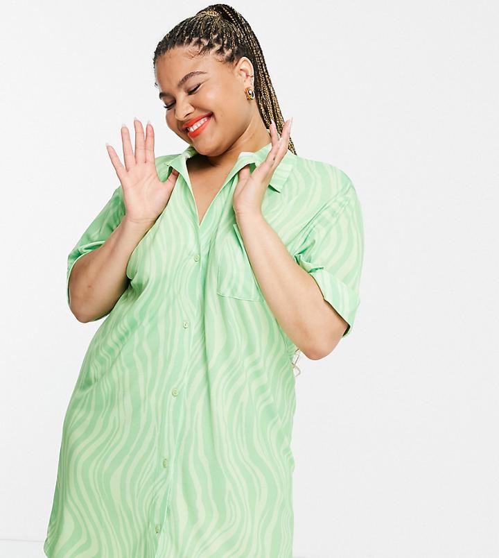 Asos Design Curve Shirt Dress In Green Abstract Swirl Print
