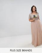 Maya Plus V Neck Maxi Tulle Dress With Tonal Delicate Sequins - Brown