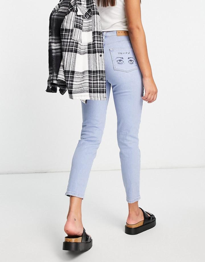 Na-kd X Lisa Marie Schiffner Straight Leg Jeans With Printed Back Pocket In Light Blue