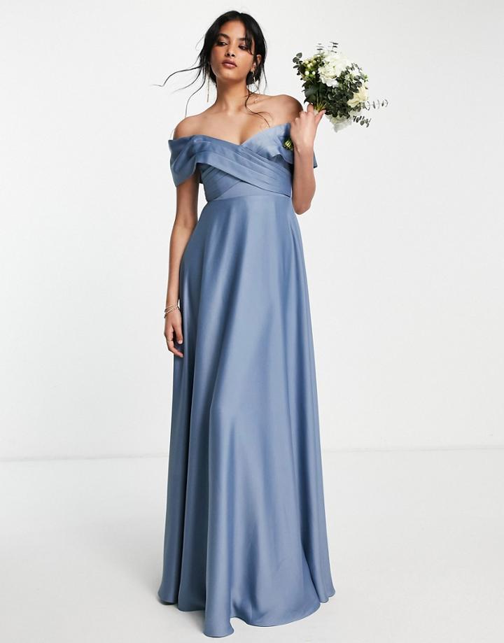 Asos Edition Satin Bardot Maxi Dress With Full Skirt In Dusky Blue