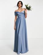 Asos Edition Satin Bardot Maxi Dress With Full Skirt In Dusky Blue