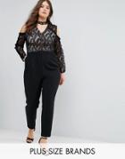 Truly You Cold Shoulder Lace Top Jumpsuit With Ruffle Sleeves - Black