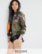 Milk It Vintage Khaki Bomber Jacket With Contrast Lining & Patch Detail - Khaki