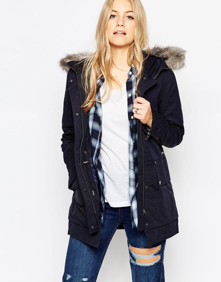 Parka London Rain Parka With Faux Fur Hood - Navy