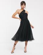 Asos Design One Shoulder Tulle Wired Hem Midi Dress-black