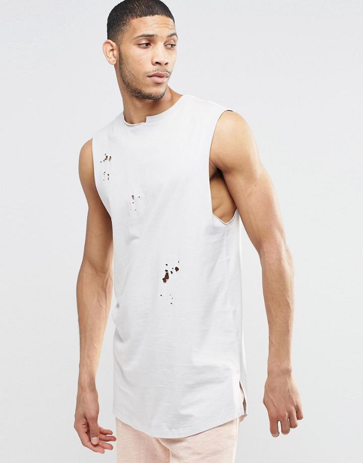 Asos Longline Sleeveless T-shirt With All Over Distress - Beige