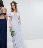 Tfnc Petite Wrap Maxi Bridesmaid Dress With Tie Detail And Puff Sleeves-gray