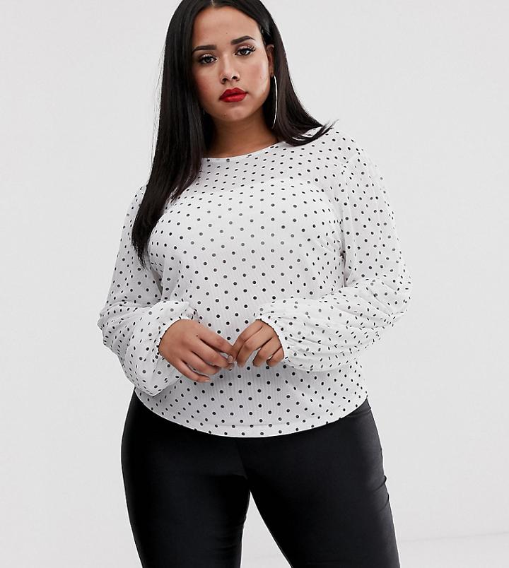 Asos Design Curve Top With Blouson Sleeve In Spot Mesh Print-multi