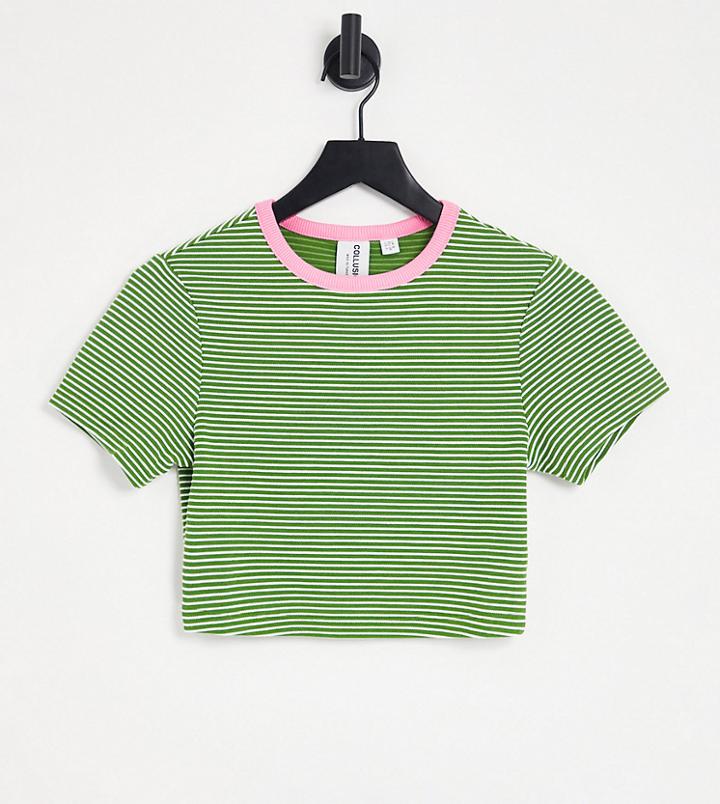 Collusion Short Sleeve Ringer T-shirt In Green Stripe
