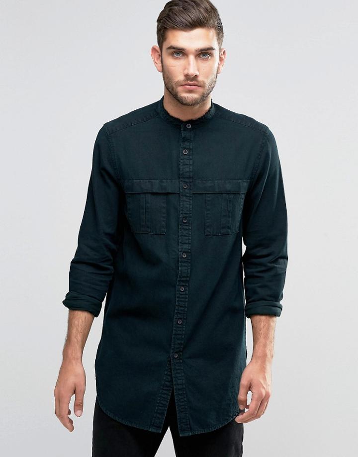 Asos Longline Military Denim Shirt With Grandad Collar In Black In Regular Fit - Black