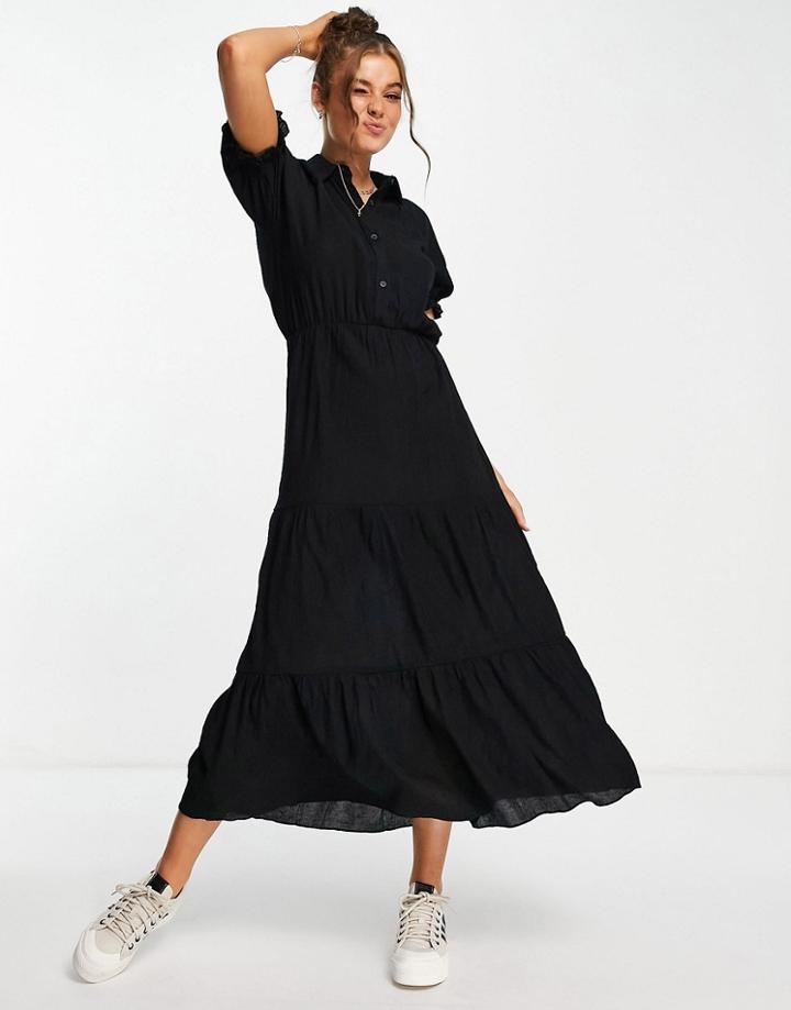 Lola May Puff Sleeve Tiered Midi Dress In Black