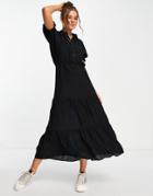 Lola May Puff Sleeve Tiered Midi Dress In Black